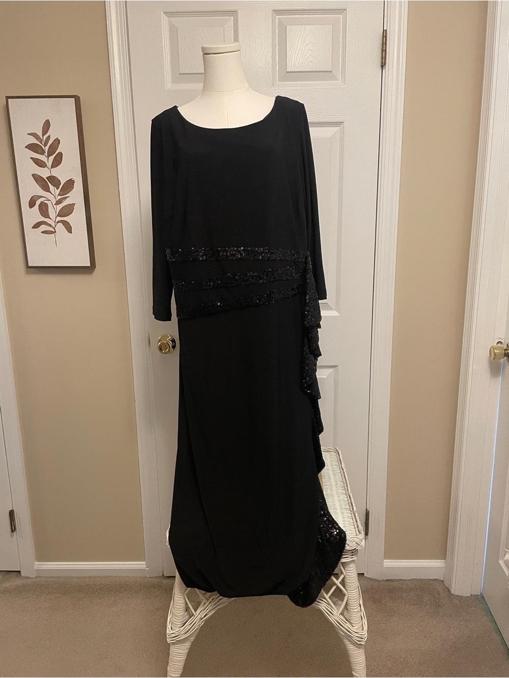 R&M Richards Black Long Sleeve Evening Gown with Sequin Accents
